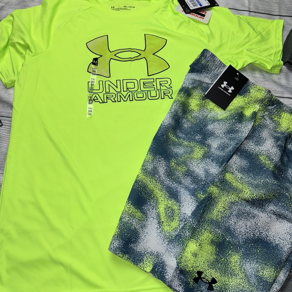 Under Armour Boys Youth XL (18/20) Neon Woven Above Knee Shorts Outfit Set NEW